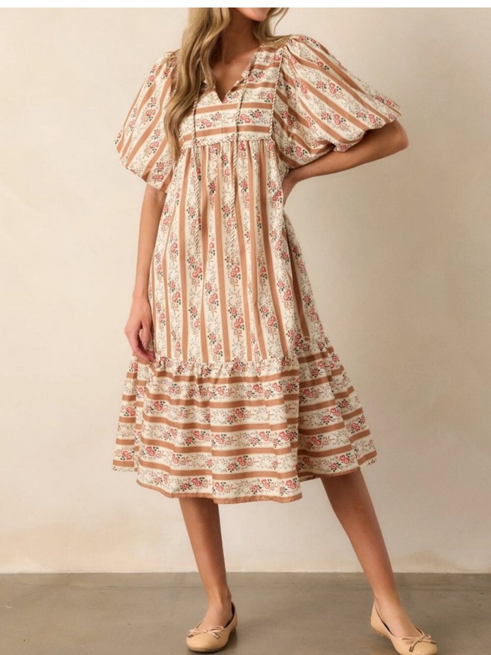Entro Floral Striped Pattern Puff Short Sleeve Dress Prairie Cottagecore Large